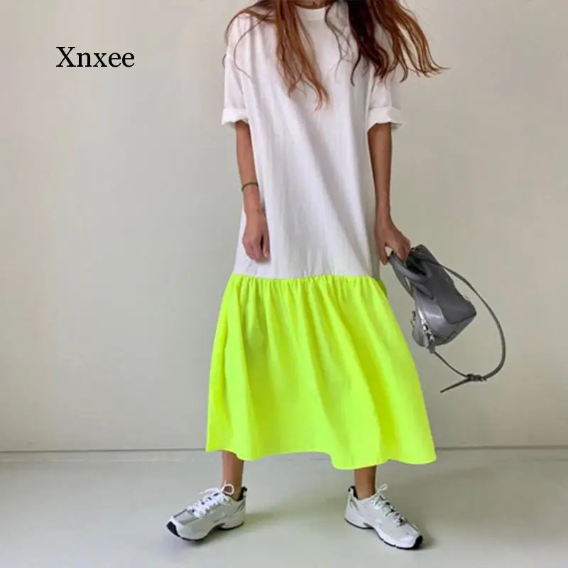 

Женское ФЛУОРЕСЦЕНТНОЕ длинное платье в стиле пэчворк, прямые уличные платья с рукавом до локтя, женские модные свободные платья для девушек, лето 2020