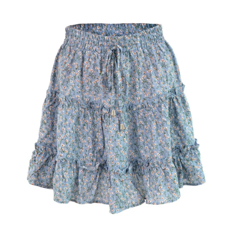 

2021 Summer Autumn European Women's High Waist Ruffle Floral Skirt Printed Beach A-line Skirt Girls Blue Broken Flower