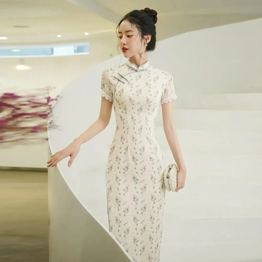 

2022 Cheongsam Qipao Chinese Dress Classical apricot Sexy Summer Improved Elegant Retro Evening Dress Women Dress Vestido