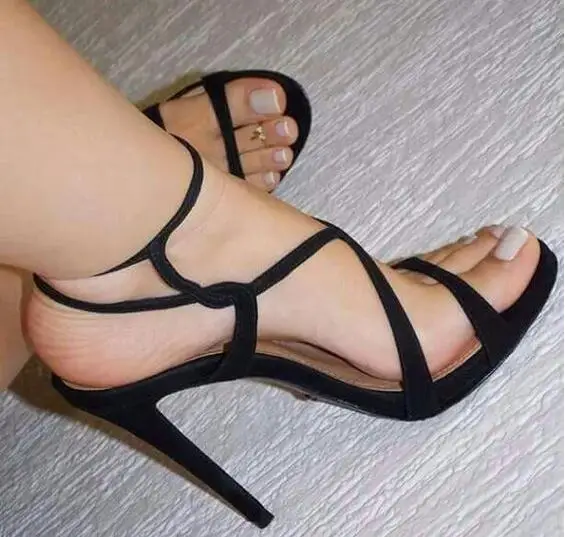 Dipsloot Black Navy Blue Suede Narrow Bands Heels Sandals Woman Sexy Stiletto Heels Simple Dress Party Sandals Shoes Big Size 44