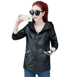 Chaqueta de piel sintética para mujer, abrigo con capucha y cremallera bordada, color negro, para motorista, primavera y otoño, novedad