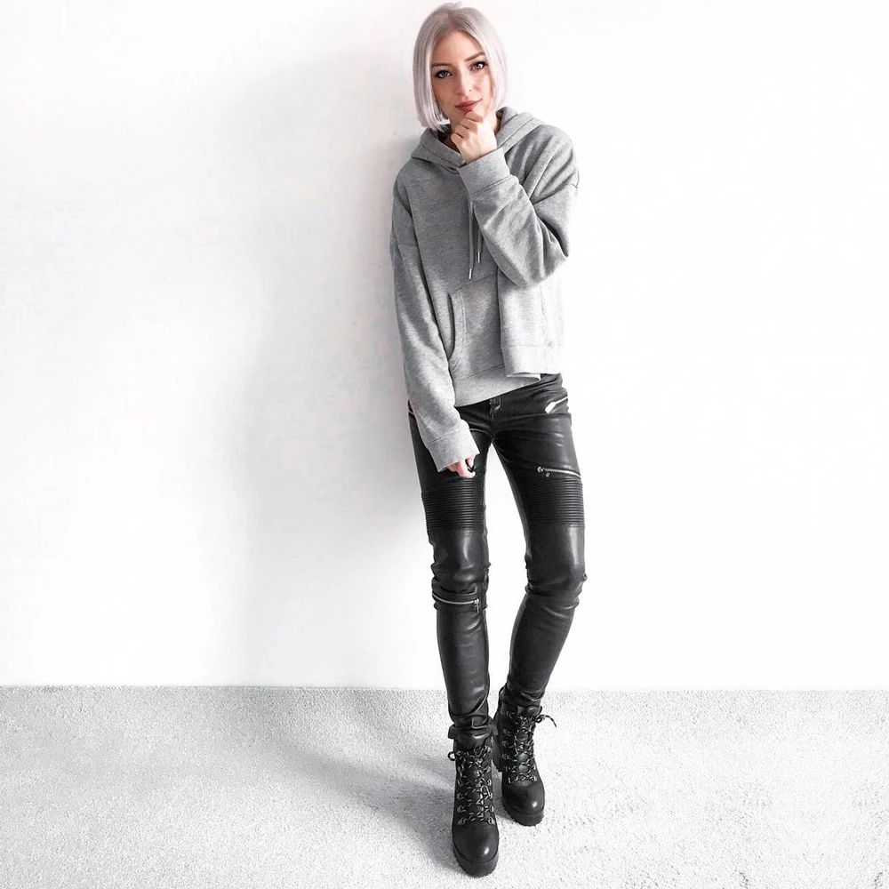 

Melody 2024 Fashion Women Stretch Faux PU Leather Pants Zipper Punk Rock Pencil Trousers Female Zipper Locomotive Pants