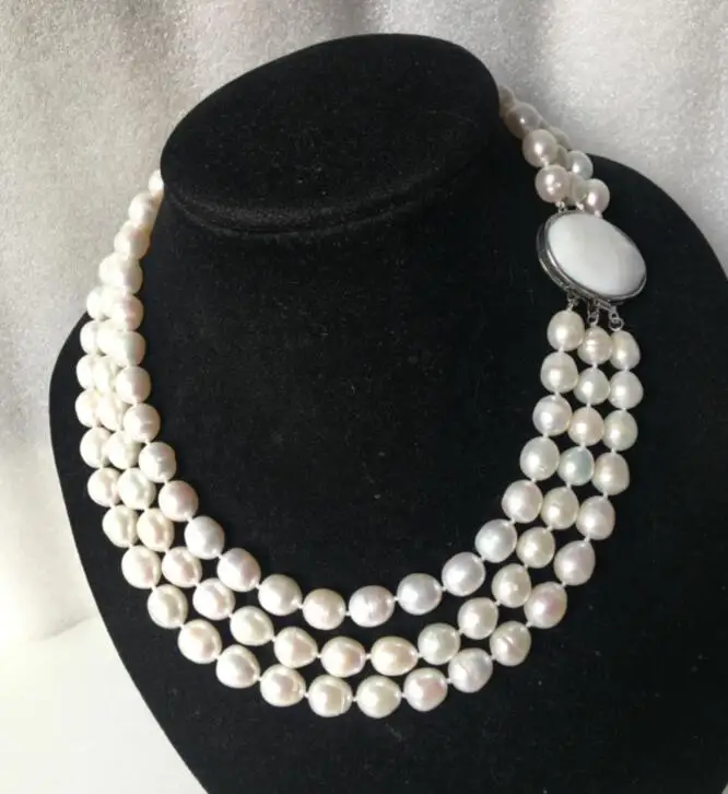 Hot selling  3Strands 18'' 8-9MM White Rice Freshwater Pearl Necklace