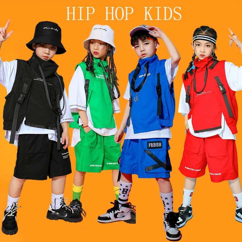 Kid Cool Hip Hop Clothes Loose Vest Tactical Cargo Shorts For Girl Jazz Dance Costume Boys Ballroom Hip Hop Rave Clothes DQS7470