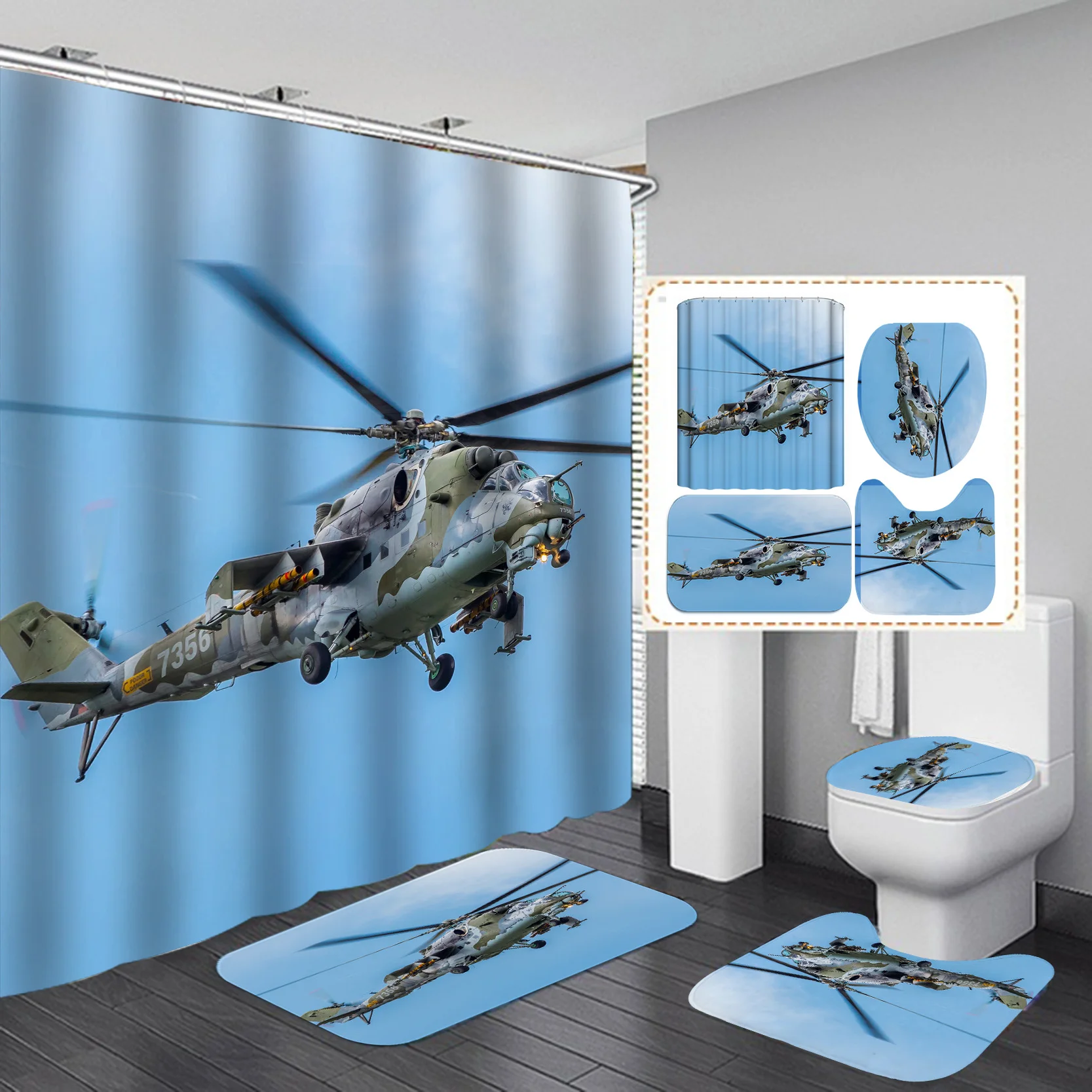 Aircraft 3D Printing HD Fighter Helicopter Shower Curtain Waterproof Bathroom Curtain Set Home Decoration cortinas de baño