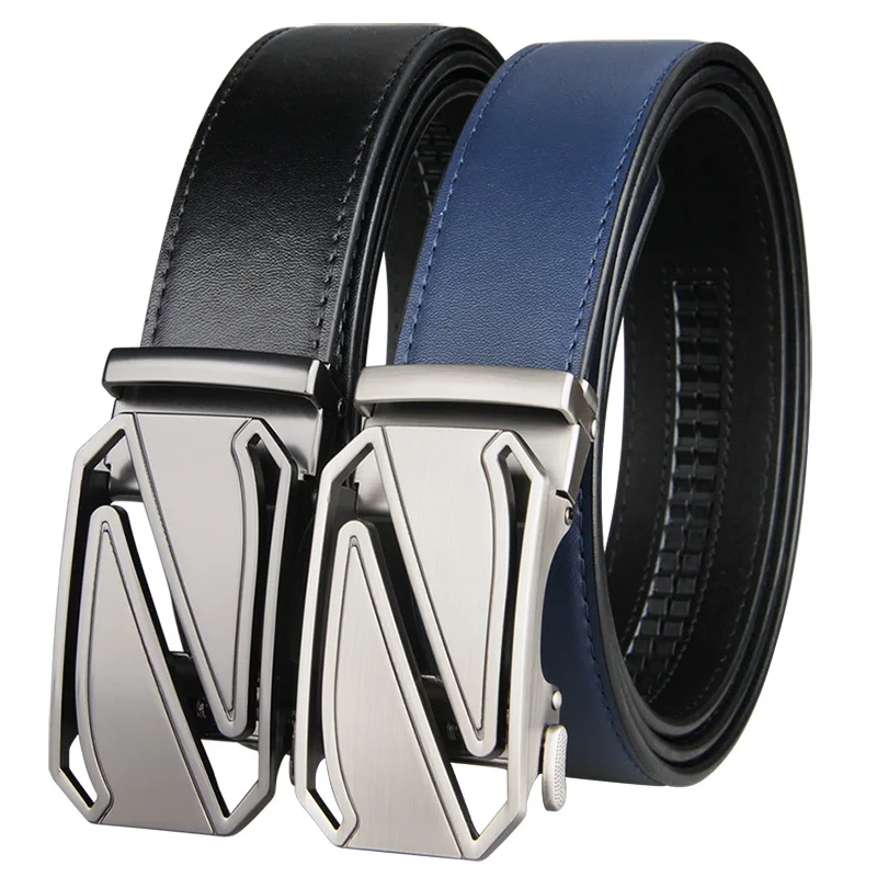 

New Arrival Men Holeless High Quality Gray Leather Ratchet Belt with Automatic Sliding Buckle Waist Belt