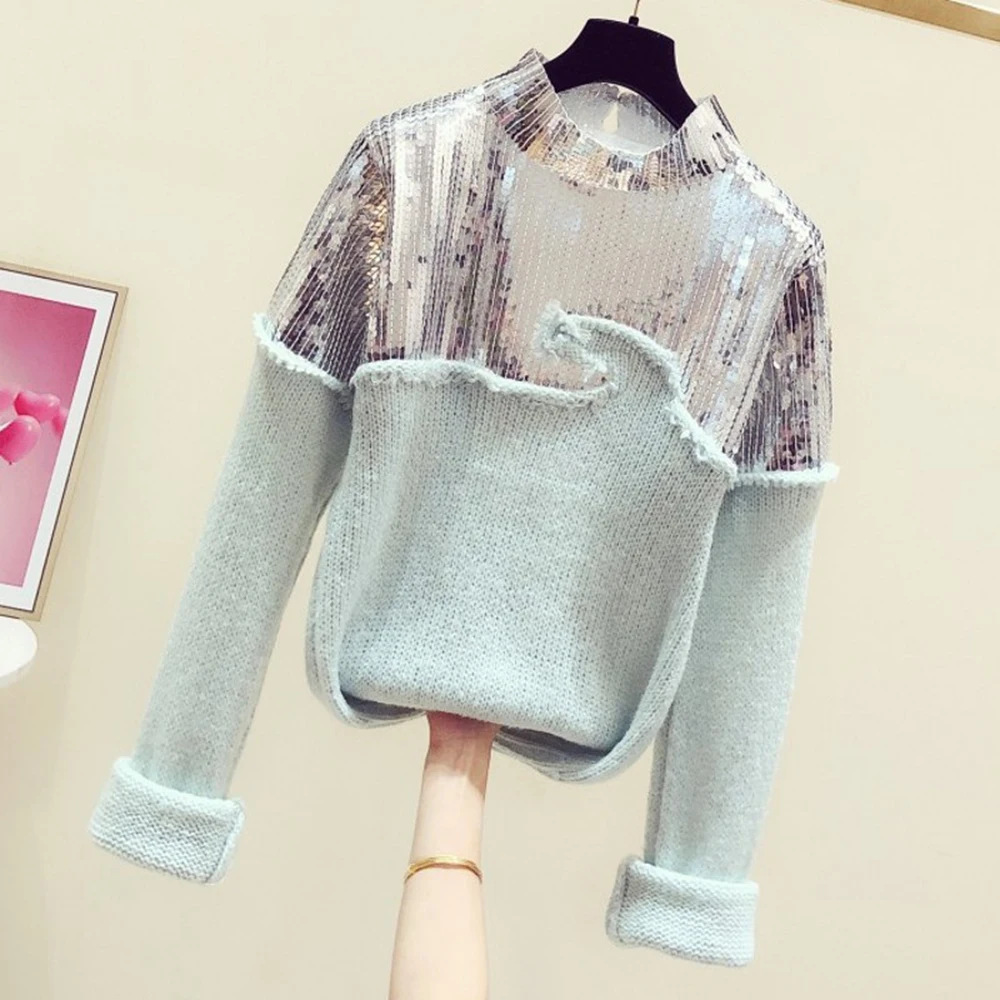 

High quality 2022 New Turtleneck Sequin Fashion Pullovers Knitting Tops Casual Trendy Autumn Winter Clothes