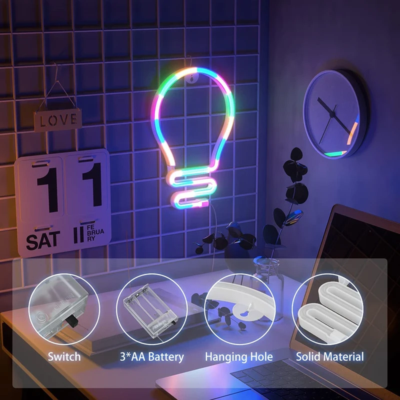 Neon Light Sign, Bulb Style LED Neon Lights Wall Lighting Battery or USB Powered Bedroom Room Decor for Adults Kids