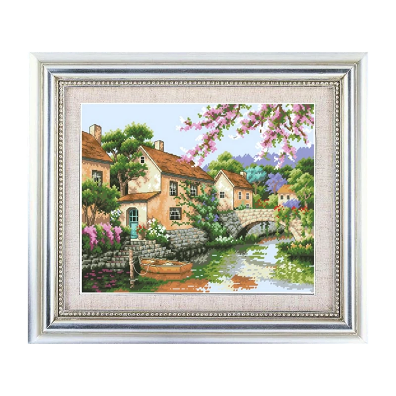 Decorative Painted Cross Stitch Kit Scenic Rural Canal Chinese Embroidery Handmade Material Pack BIG