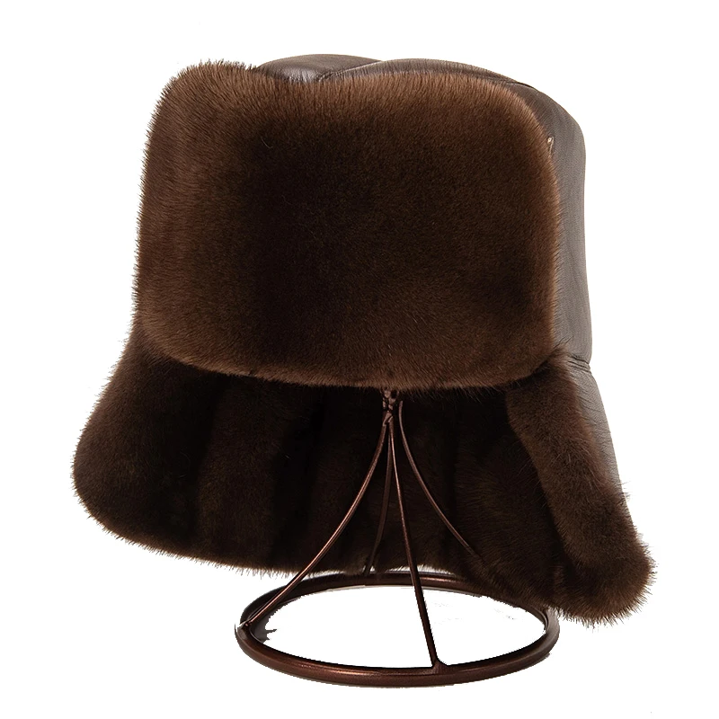 Mink Fur Caps Men Luxury Winter 100% Whole Marten Hair Genuine Leather Bomber Hats Male Thick Ear Warm Brown/Black Gorras Hombre