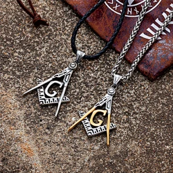 Retro Viking Masonic Necklace Men Gold Color Stainless Steel Mason Symbol Pendant Norse Amulet Genuine Leather Rope Male Jewelry