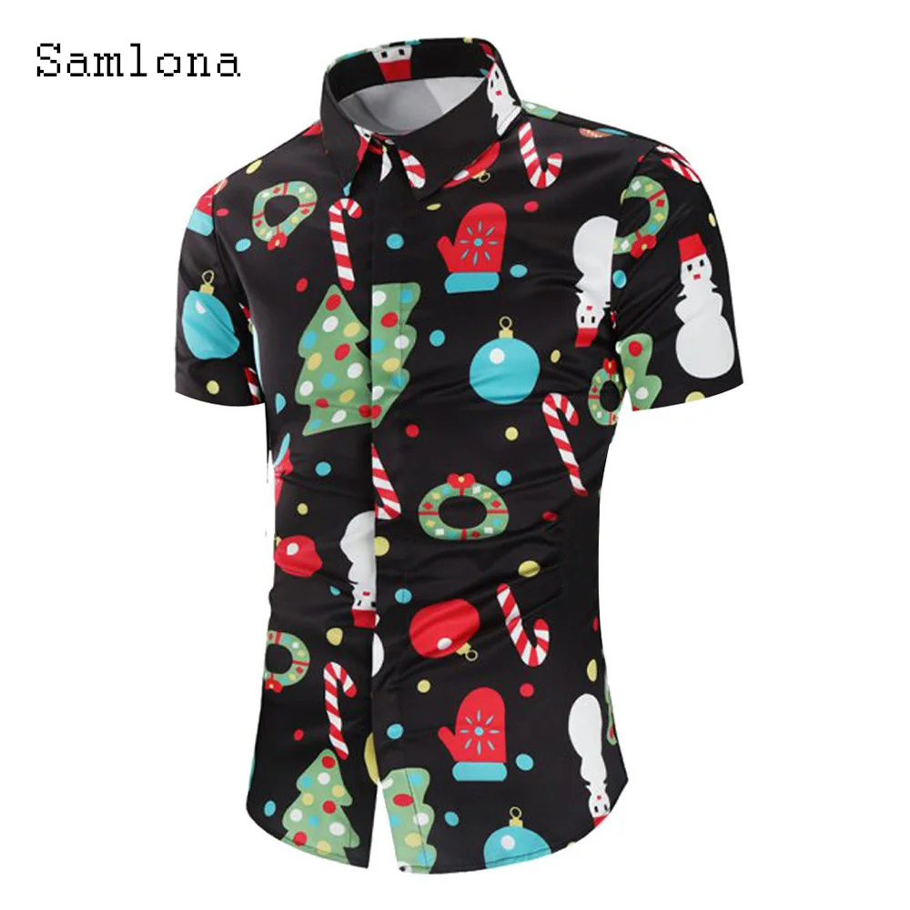 

Short Sleeve Casual Shirt blusas Mens Streetwear 2023 Single-breasted Top Lepal Collar Holiday Christmas Print Mens Blouse Homme