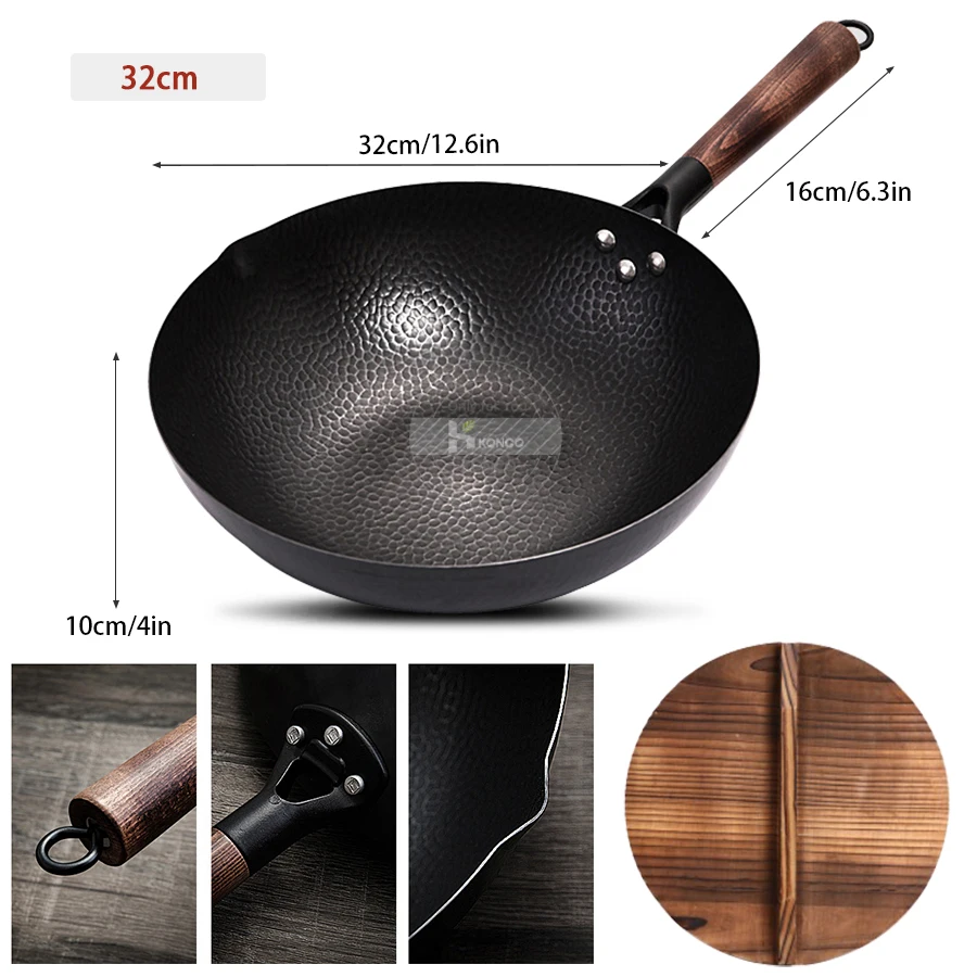 Konco Pure Iron wok cast iron pan Non-coated Pot General use for Gas and Induction Cooker 32cm Chinese Wok Cookware Pan