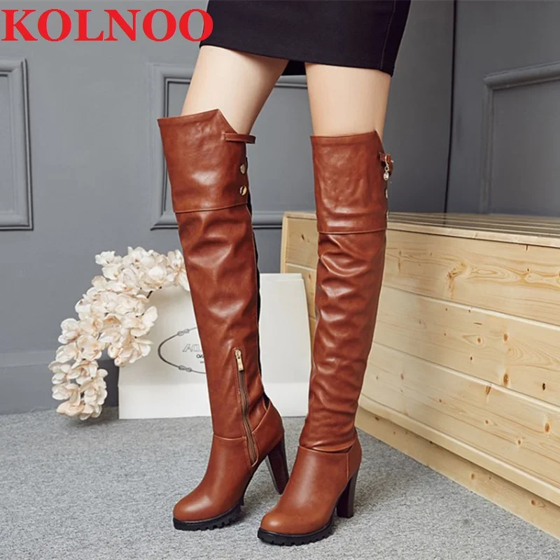 Kolnoo New Handmade Ladies 10cm Thick Heels Boots Autumn Buckles Over Knee Sexy Booties Evening Club Party Prom Fashion Shoes