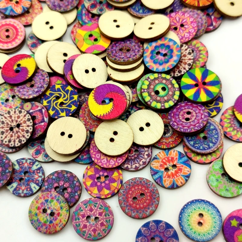 100Pcs Multicolor Retro Pattern Wooden Buttons For Handwork Sewing Scrapbook DIY Crafts Clothing Accessories Gift Card Decor