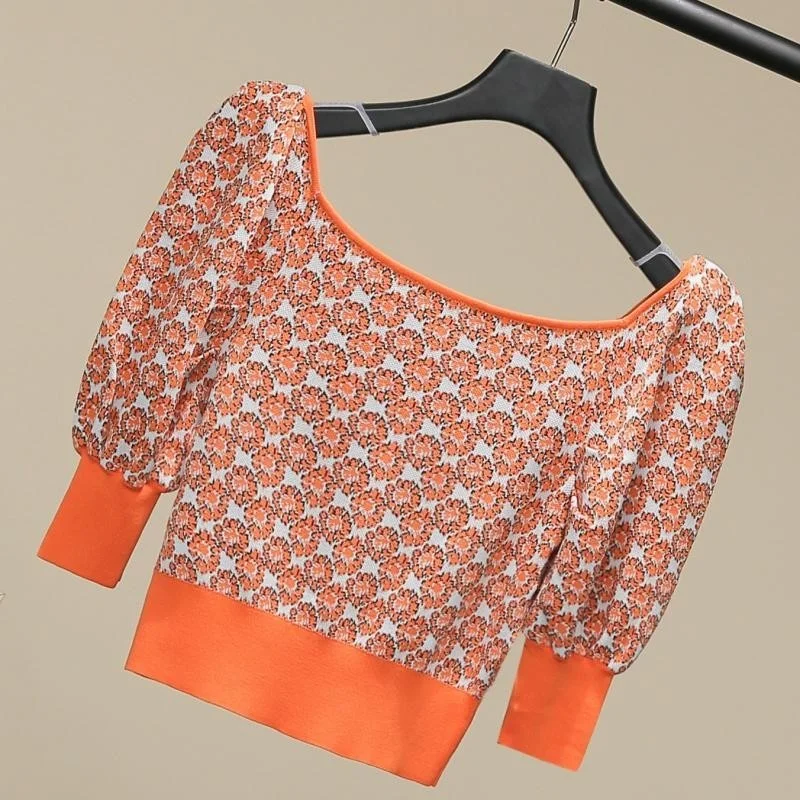 Square Vintage Collar Lantern Sleeve Cropped Top Women Vintage Printed Flowers High Waist Knitting T Shirt Summer T Shirts Tops