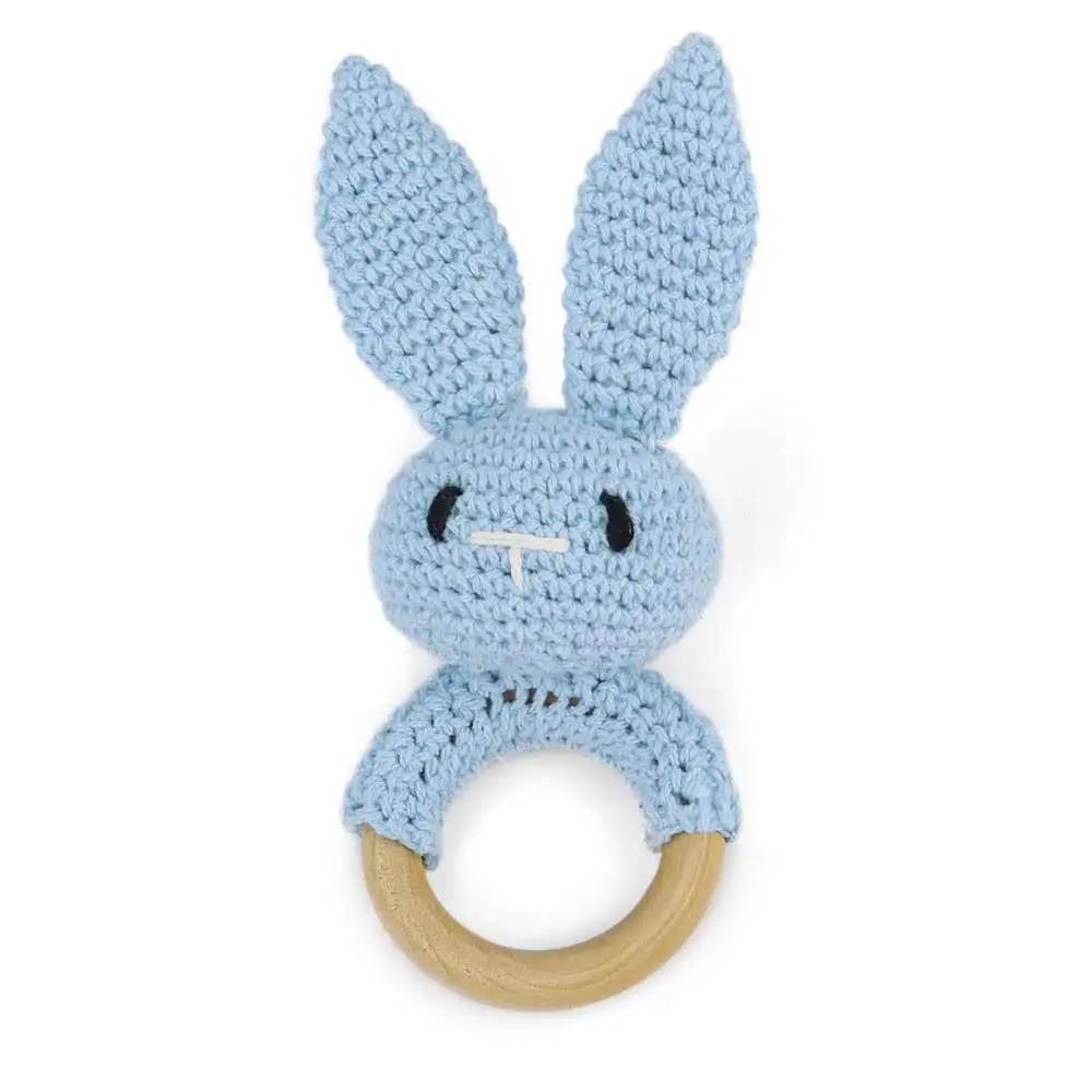 2pcs Cotton Crochet Bunny Rattle baby teether beads ring wooden teething