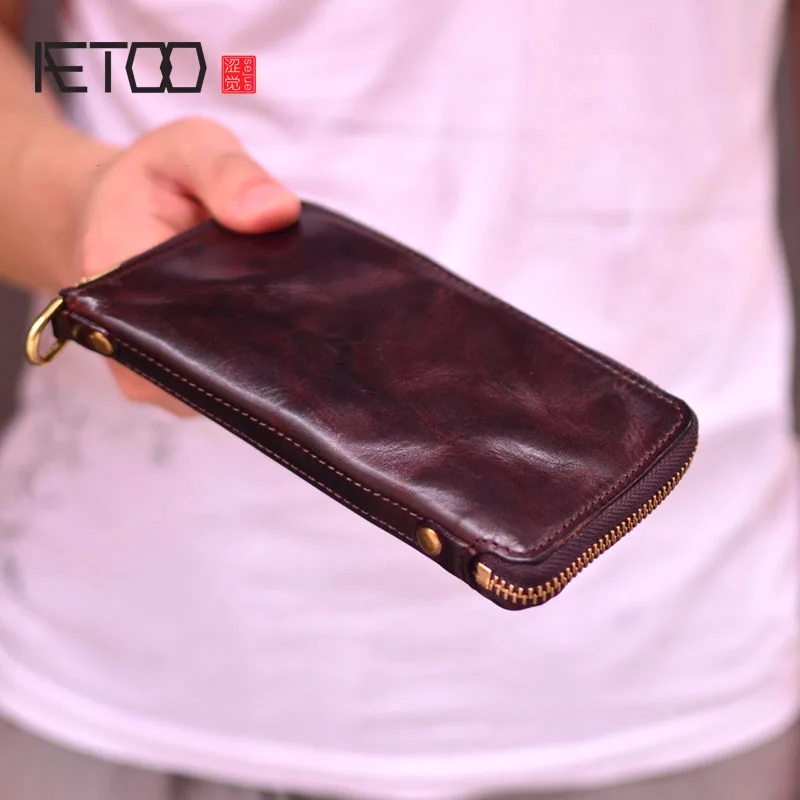 

AETOO Retro wallets, men's long zipper wallets, vegetable tanned leather handmade leather wallets, men's multi-card pockets