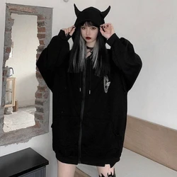 Women Punk Black Long Sleeve Hoodies Jacket Devil Horns Zip Oversized Sweatshirt