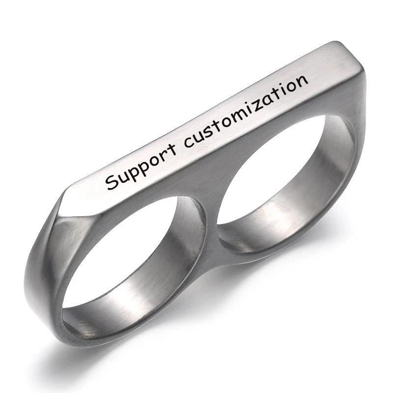 Stainless Steel Titanium Steel Ring Double Finger Double Ring Punk Style Men Custom Carved Lase Engraved Name Birthday Date