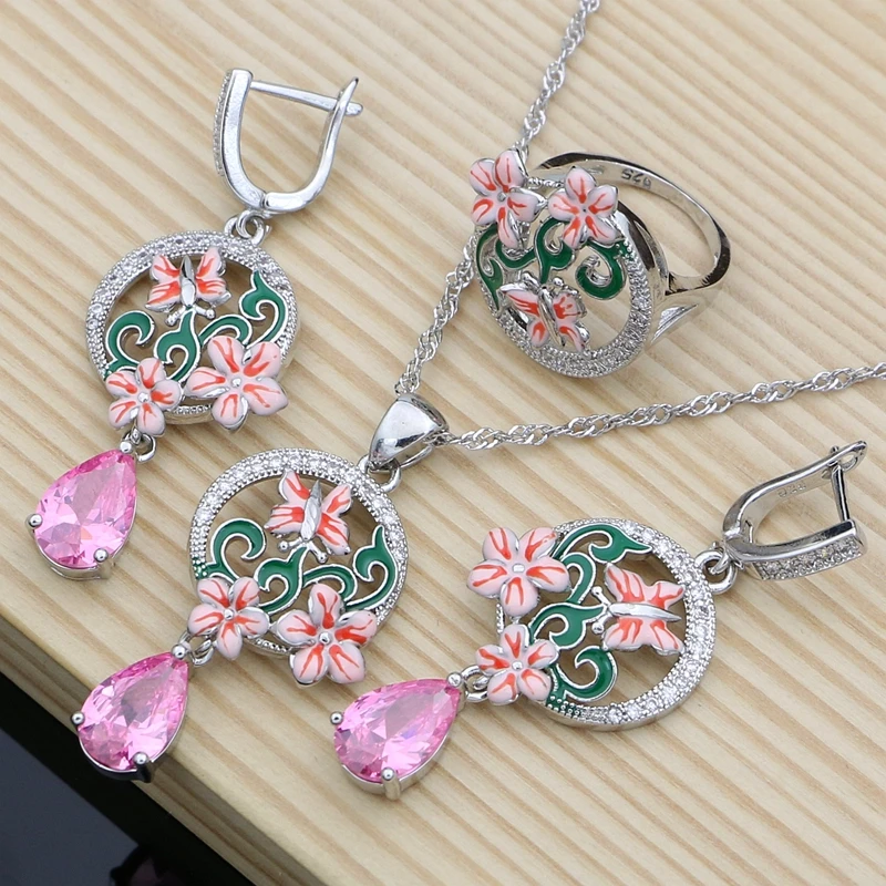 

Fine Silver 925 Jewelry Sets Pink Zircon Earrings Women Enamel Butterfly Flower Decoration Necklace Sets Jewellry Dropshipping