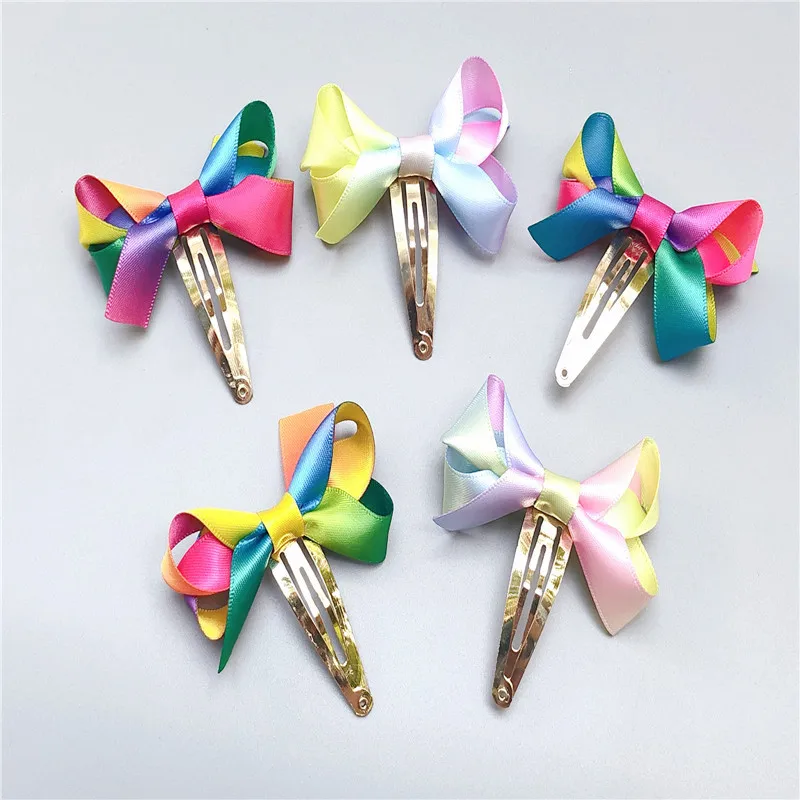 

Boutique 10pcs Fashion Gradient Rainbow Color Bow Snap Clips Stain Ribbon Bowknot Hairpins Princess Headwear Hair Accessories