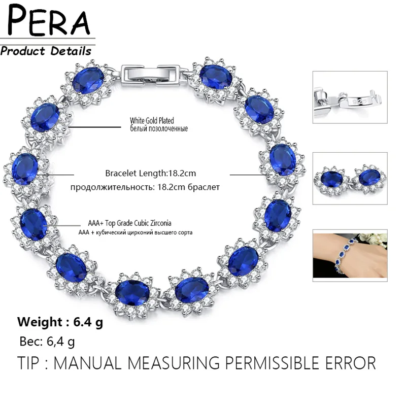 Pera Vintage Royal Jewelry Silver Color Oval Blue Cubic Zirconia Flower Link Chain Bracelets for Women Christmas Party Gift B014