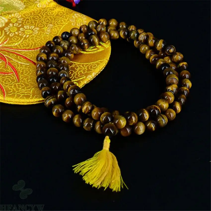 

8mm Tiger's Eye Gemstone Tassel Mala necklace 108 Beads Lucky Buddhist natural Reiki MONK Unisex Handmade Prayer Men