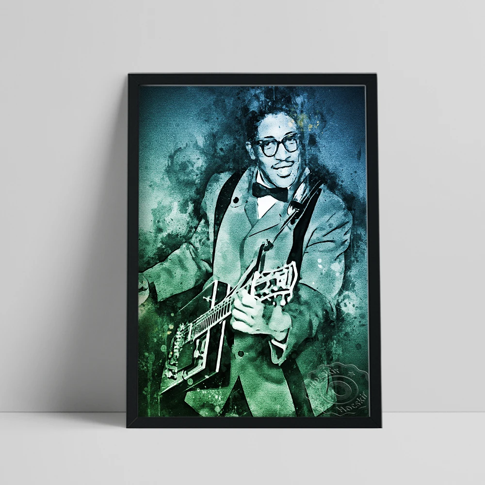 Póster de acuarela Bo Diddley, fanáticos del cantante americano Diddley, colección de retrato, impresión artística, decoración de dibujo coloreado de cantante guitarrista