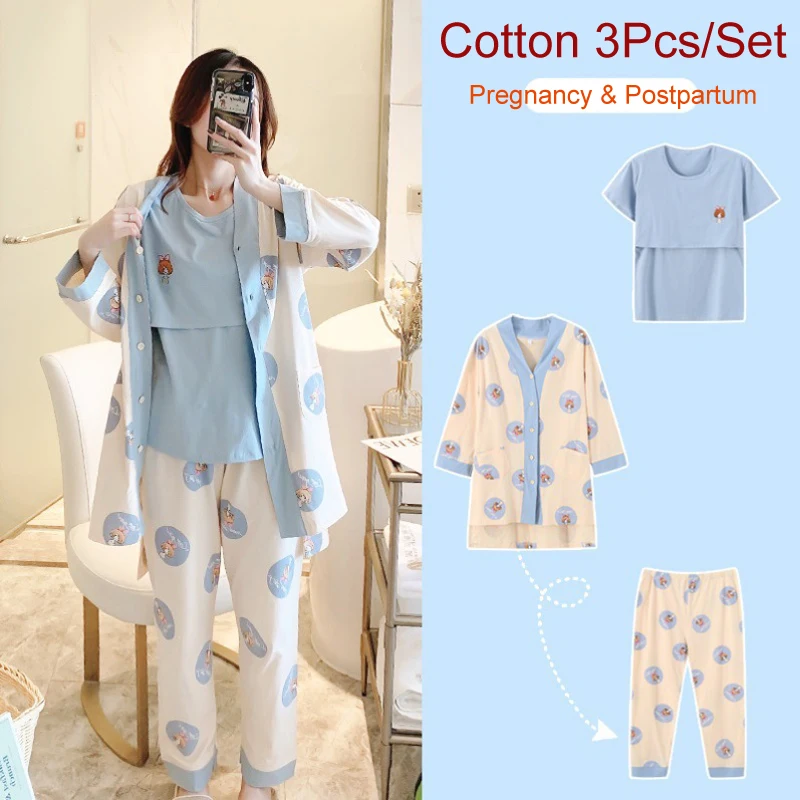 3Pcs/Set Cotton Pregnancy Maternity Pajamas Set Women Nursing Pregnant Pijama Sleepwear sleep tops pants robe Breastfeeding Nigh