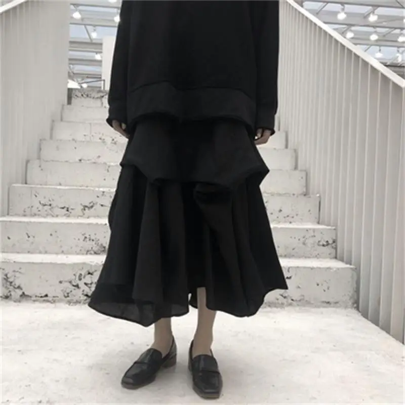 

Women's Half Skirt Spring And Autumn New Solid Color Elastic Waist False Double Layer Design Irregular Hem Pleated Half Skirt