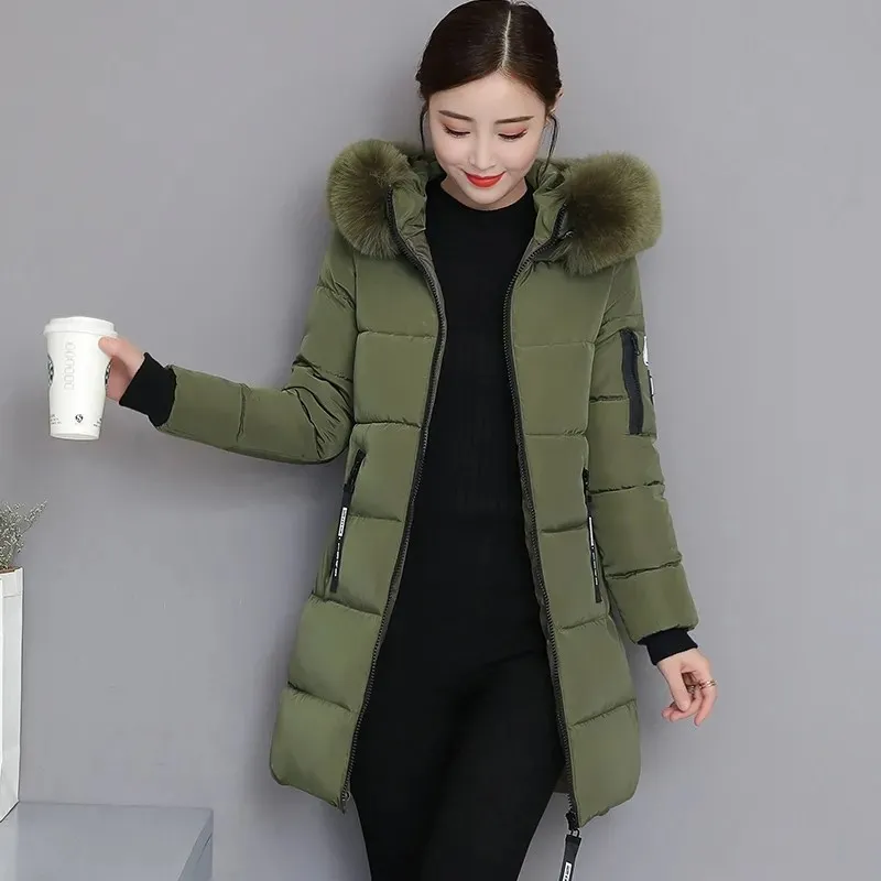 

2021 Winter Jacket Hooded Fur Collar Women Parkas Outwear High Quality Parkas Female Slim Paddinh Parka Women Mid-Long Coats