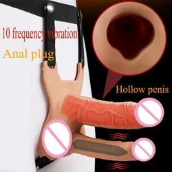 Hollow Silicone Strapon Dildo Vibrator for Men Gay Double Penetration Strap on Dildo Anal Clitoris Stimulator Penis Pump Extend