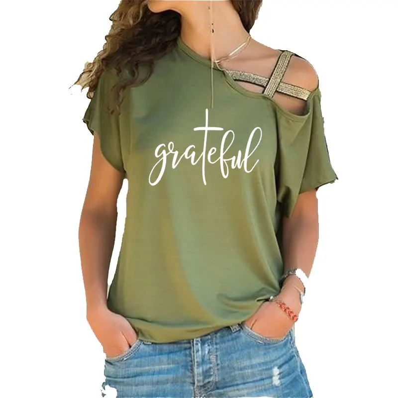 Grateful Christian cross Print Women tshirt Cotton Hipster Funny Irregular Skew Cross Bandage Tops t shirt