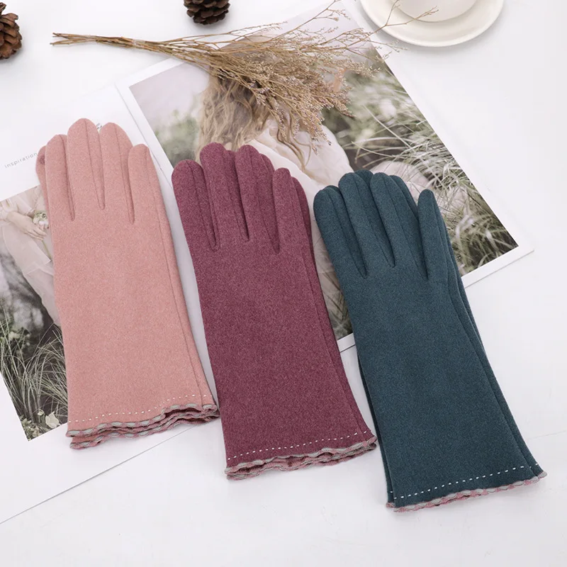 

Autumn Winter Women Keep Warm Touch Screen Thin Fleece Solid Soft Simple Drive Cycling High Elasticity Windproof Gloves