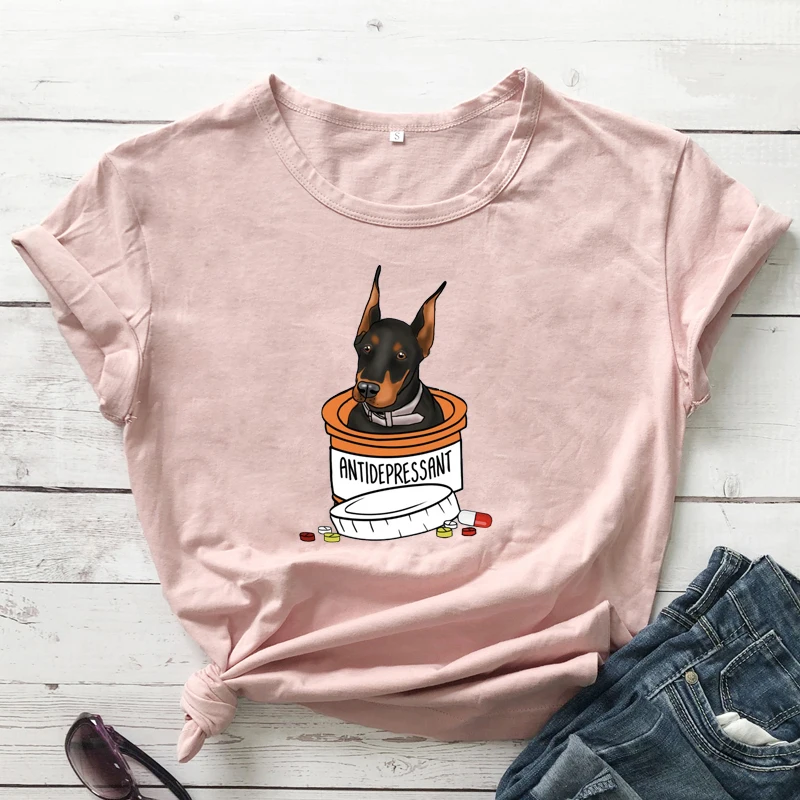 Colored Antidepressant Doberman T-shirt Funny Dog Mama Gift Tshirt Women Summer Short Sleeve Graphic Hippie TeeS TopS