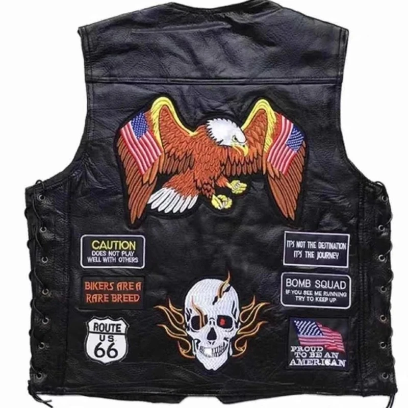 

Motorcycle Leather Vest Men Motorcycle Jacket Bicycle Casual Waistcoat with Punk Retro Classical Badges Motocross Equipment