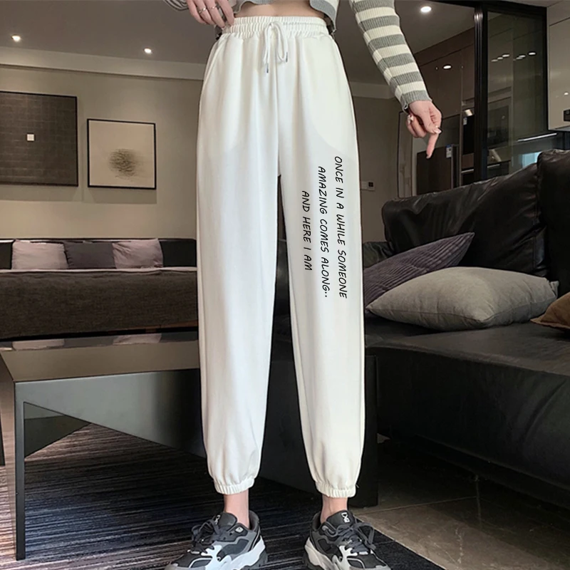 

Street Style White Sweatpants Women Drawstring Casual Fitness Workout Loose Elastic Straight Pants Winter Letter Print Trousers