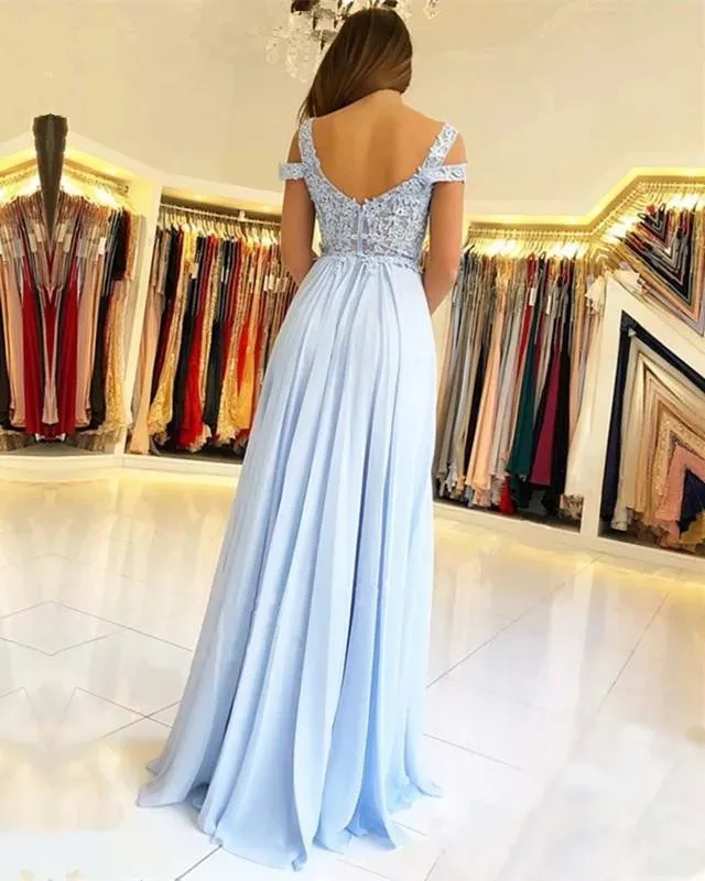 Vestido de noche azul cielo, traje largo con abertura lateral, hombros descubiertos, apliques de encaje, fiesta de graduación, invitados de boda, dama de Honor, 2023