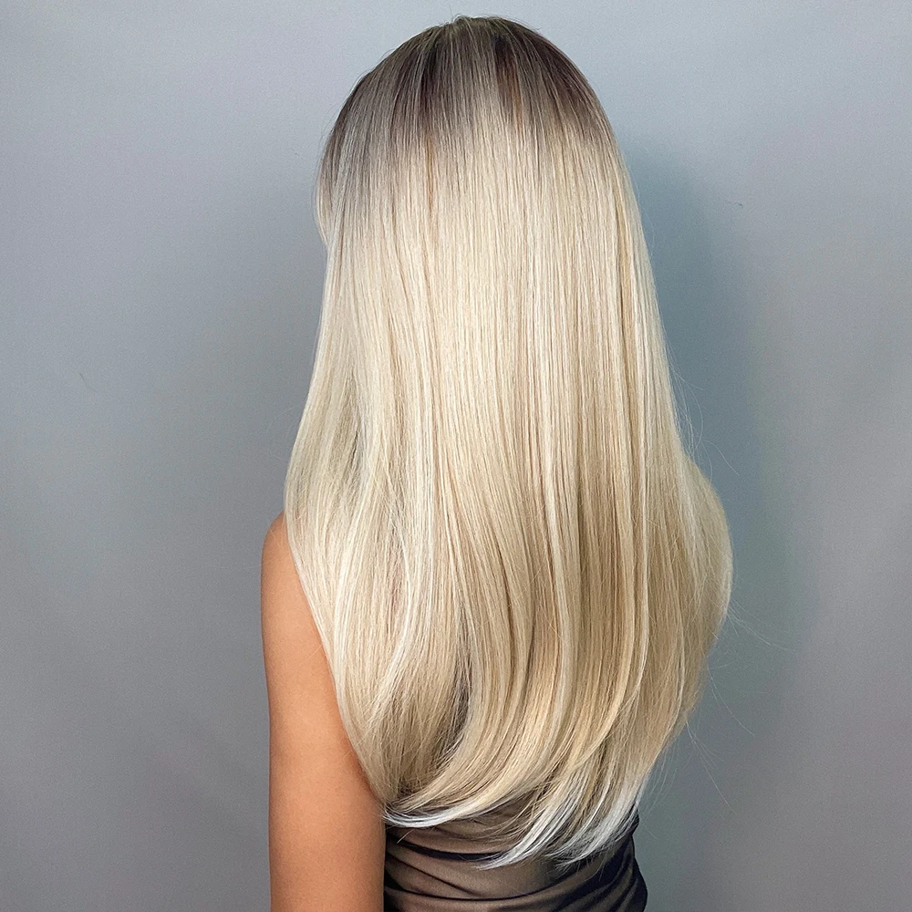 HENRY MARGU Ombre Brown Platinum Blonde Long Straight Wig Natural Daily Lolita Synthetic Wig with Bangs for Women Heat Resistant