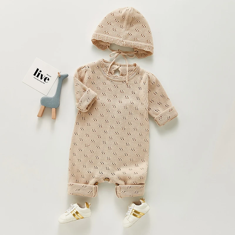 Newborn Baby Rompers Hats Clothes Sets Autumn Winter Solid Knitted Infants Kids Boy Girl Sweaters Jumpsuits Outfits 2pc Knitwear