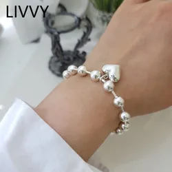 LIVVY Silver Color Smooth Love Heasrt Pendant Bracelet Fashion Temperament Simple Beautiful Beaded Chain Bangles Jewelry