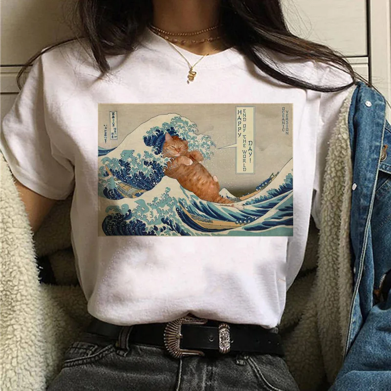 T-shirt chat Van Gogh pour femmes, impression d\'art, peinture à l\'huile, beau, mignon, drôle, dessin animé des années 90, ulzzang, haut décontracté