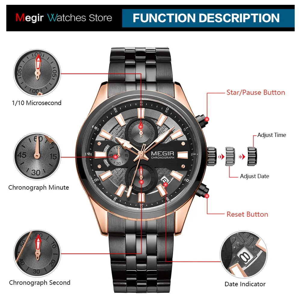 MEGIR Men\'s Watches 2020 Luxury Top Brand Wristwatch for Men Rose Gold Stainless Steel Strap Chronograph Quartz Watch Waterproof