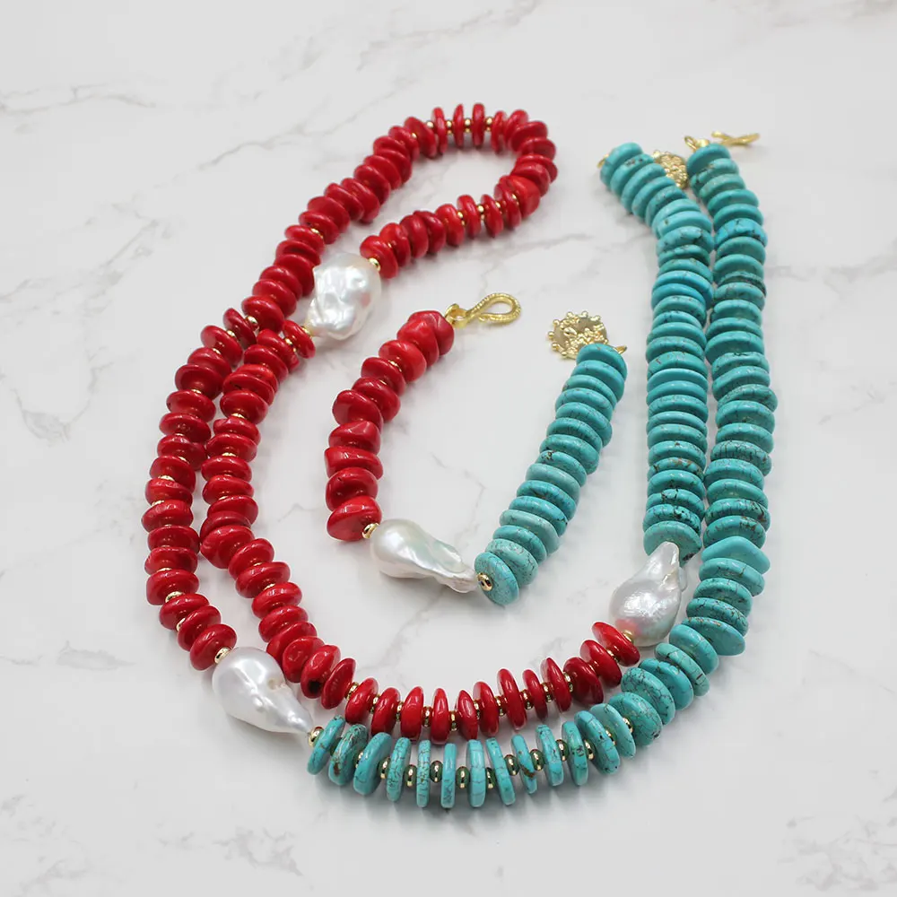 GuaiGuai Jewelry Red Coral White Baroque Pearl Blue Turquoise Long Necklace Bracelet Earrings Sets