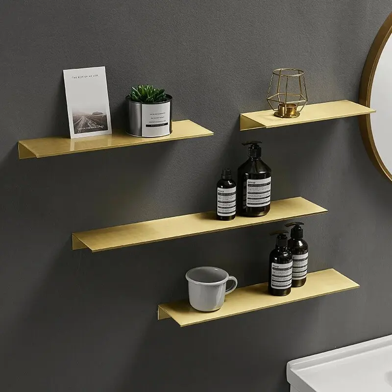 Brushed Gold Metal Bathroom Shelf Wall Mount Storage Rack Washstand Drilling Cosmetics Shelves Bathroom Kitchen  Accessories