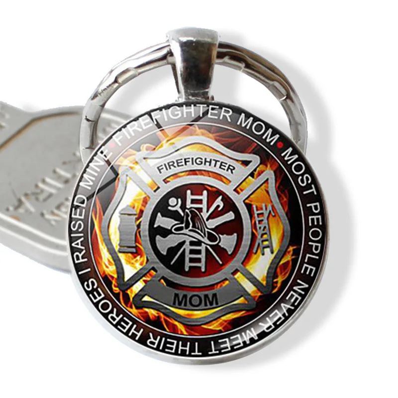 FIMAODZ Firefighter Keychain 25mm Glass Cabochon Fire Fighter Print Alloy Keyring Key Holder