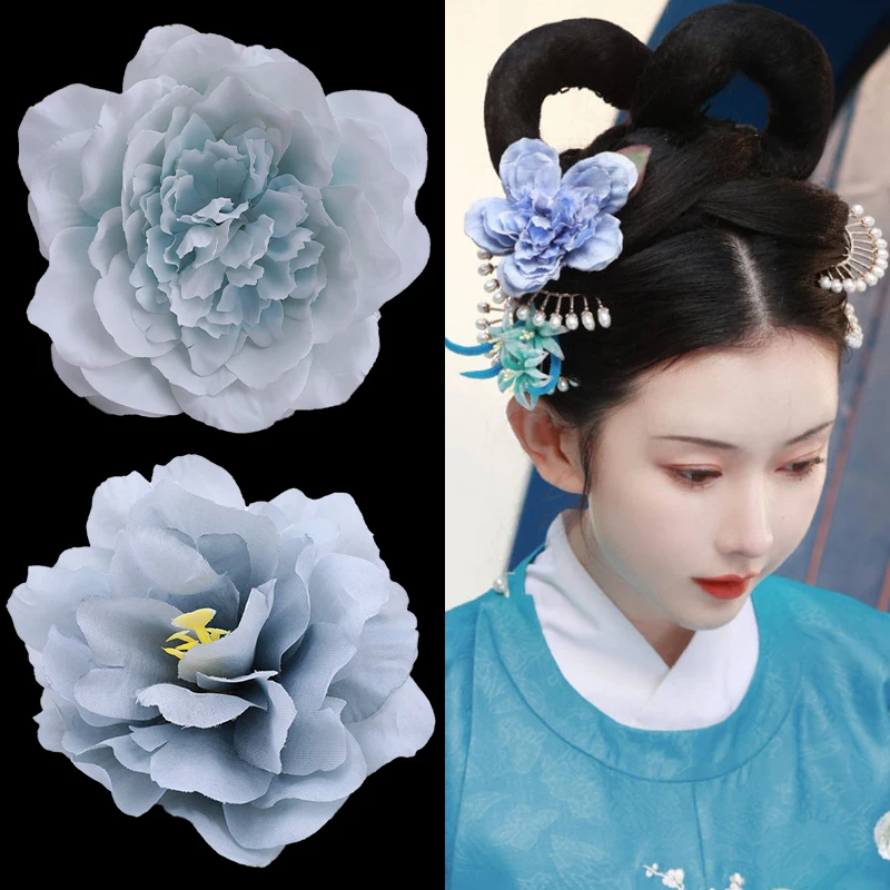 Blue Silk Hair Flower Peony Hanfu Headdress Hair Clip Accessories Fairy Princess Head Wear Wedding Bride Accessories