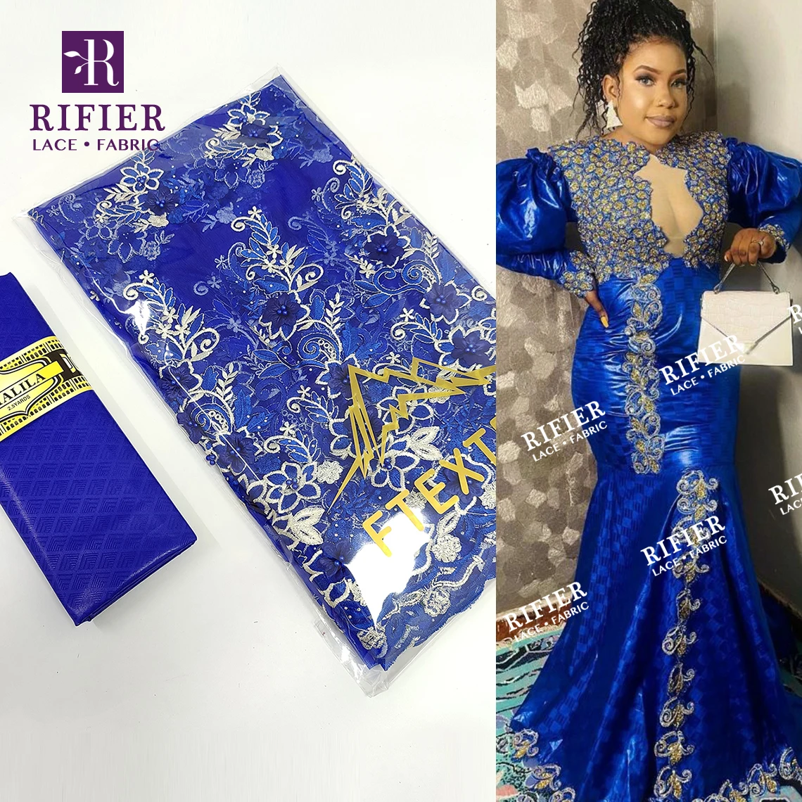 Royal Blue 3D Flower Pattern Basin Riche Lace con pietre pizzo netto con Guipure per elegante Lady Party Dress tessuto di pizzo netto