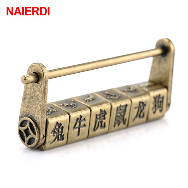 NAIERDI Chinese Vintage AntiqueLock Bronze Keyed Padlock Retro Combination Password Lock 90*37mm Zinc Alloy Jewelry Box Padlock